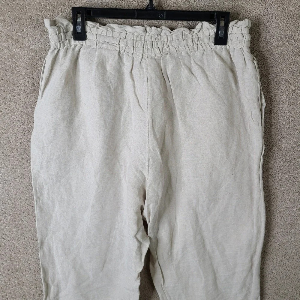 H&M‎ Pants Womens L Beige Linen Blend Paperbag Waist Drawstring Cropped Casual